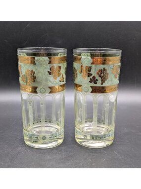 Vintage Cera Green Gold Grape Highball Glasses Set of 2 Tumblers 12 oz